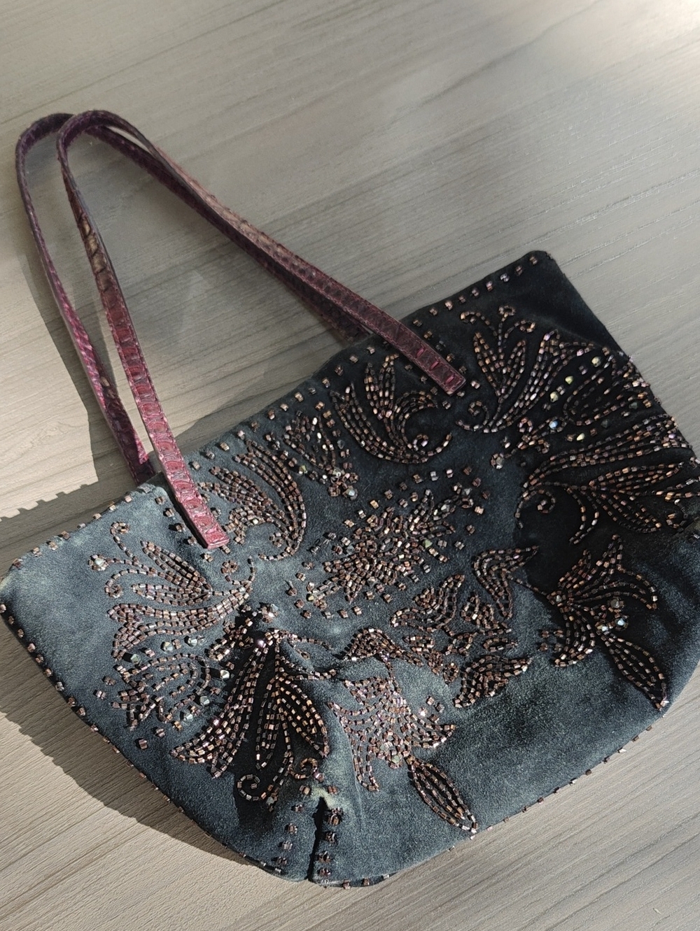 Fendi Black Suede Beaded Tote with Purple Handles